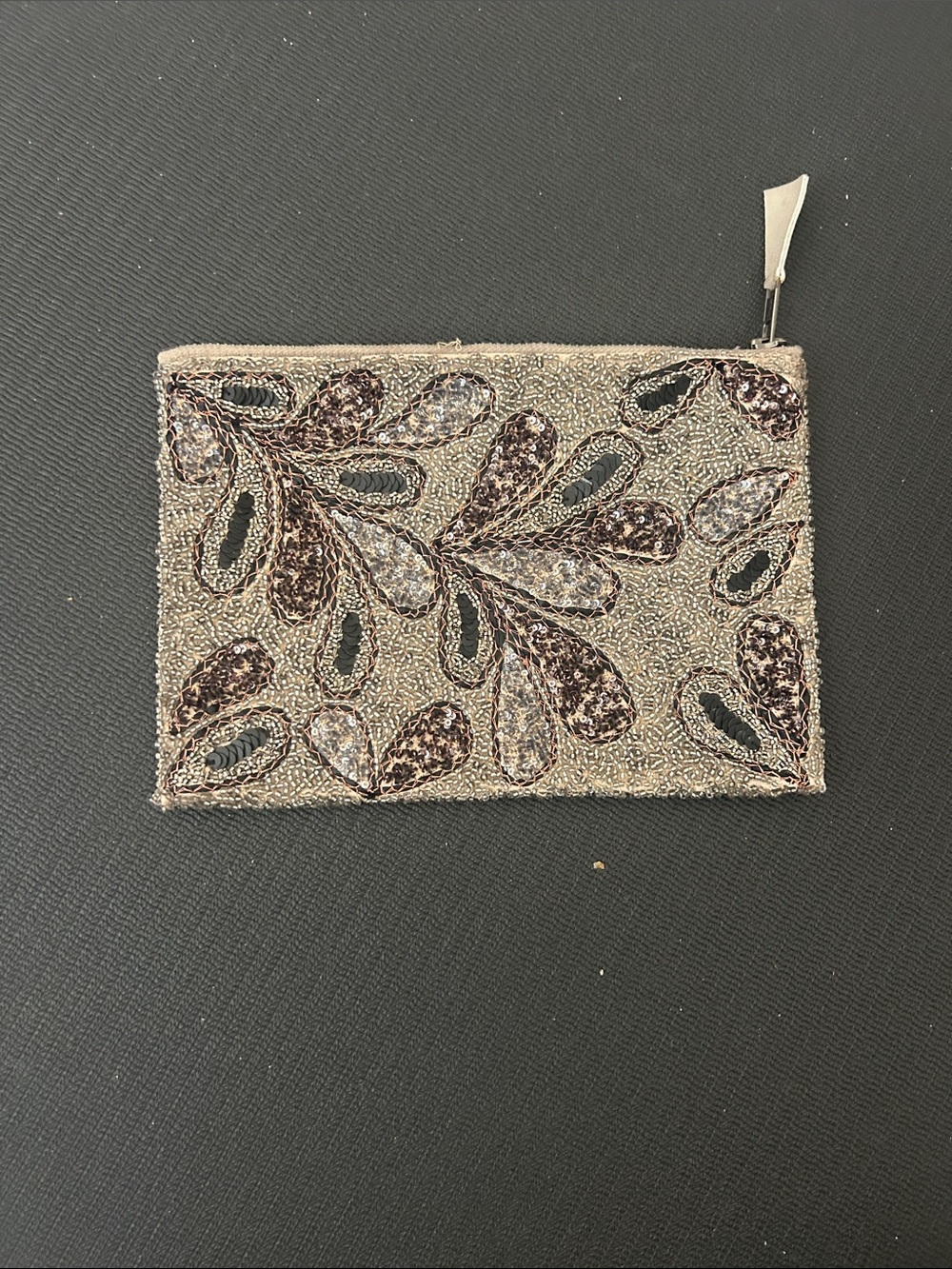 Beaded Leaf-Pattern Zip Pouch - Silver and Black